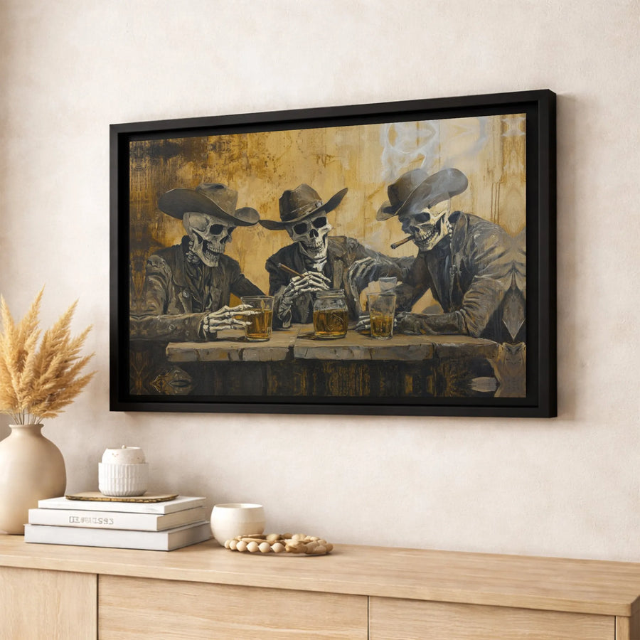 Skeleton Cowboy Canvas Wall Art | Western Saloon Whiskey Drinkers | Premium Gallery-Wrapped Print | Rustic Home Decor & Man Cave Gift