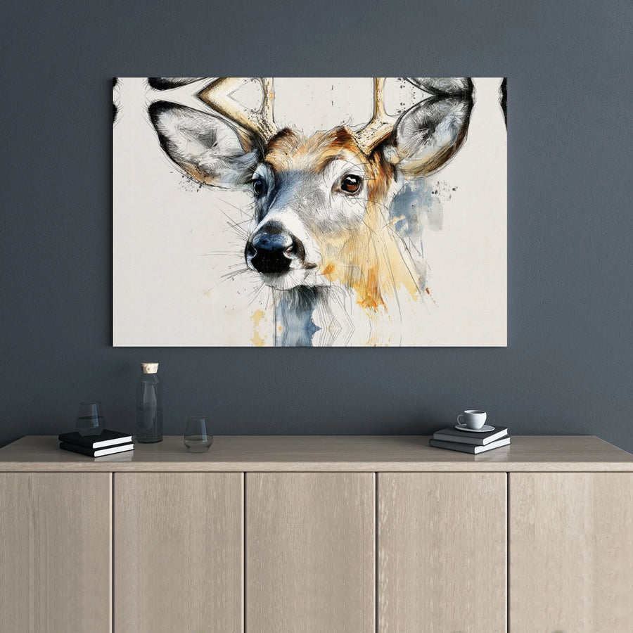 Deer Wall Art Canvas | Watercolor Sketch Animal Print | Premium Gallery Wrap 1.25 Inch Frame | Rustic Home Decor Gift for Nature Lovers