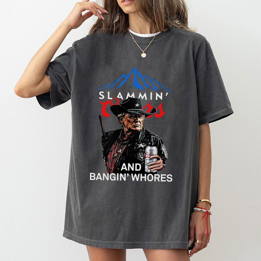 Trump Beer Drinking T-Shirt, Slammin' Coors & Bangin' Whores Graphic, Bold Patriotic T-Shirt For Beer Lovers & Trump Fans