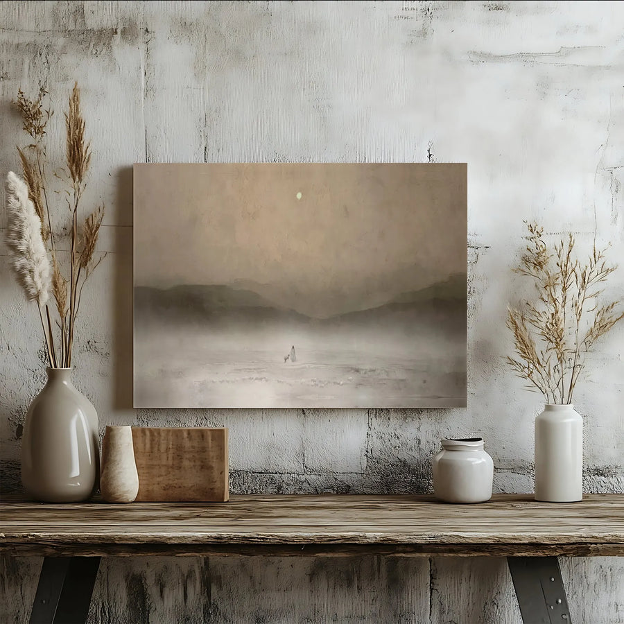 Misty Mountain Landscape Canvas Art | Shepherd and Dog Wall Decor | Gallery-Wrapped Premium Print | Minimalist Living Room Aesthetic