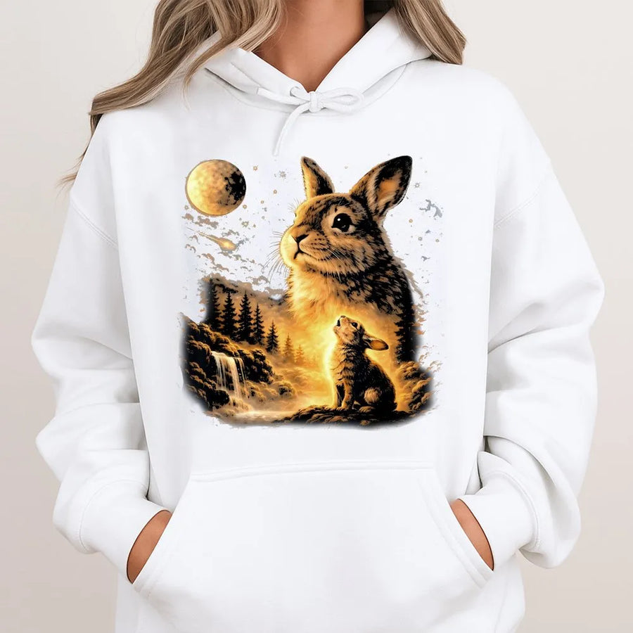 Bunny Howling at the Moon Hoodie | Vintage Celestial Rabbit Graphic | Soft Cotton Blend Pullover | Gift for Nature & Animal Lovers