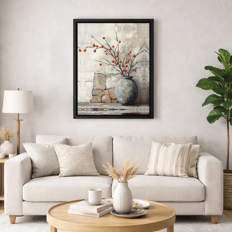 Rustic Still Life Canvas Wall Art | Vase With Red Berries | Premium Gallery Wrapped Print | Farmhouse Home Decor for Living Room Office