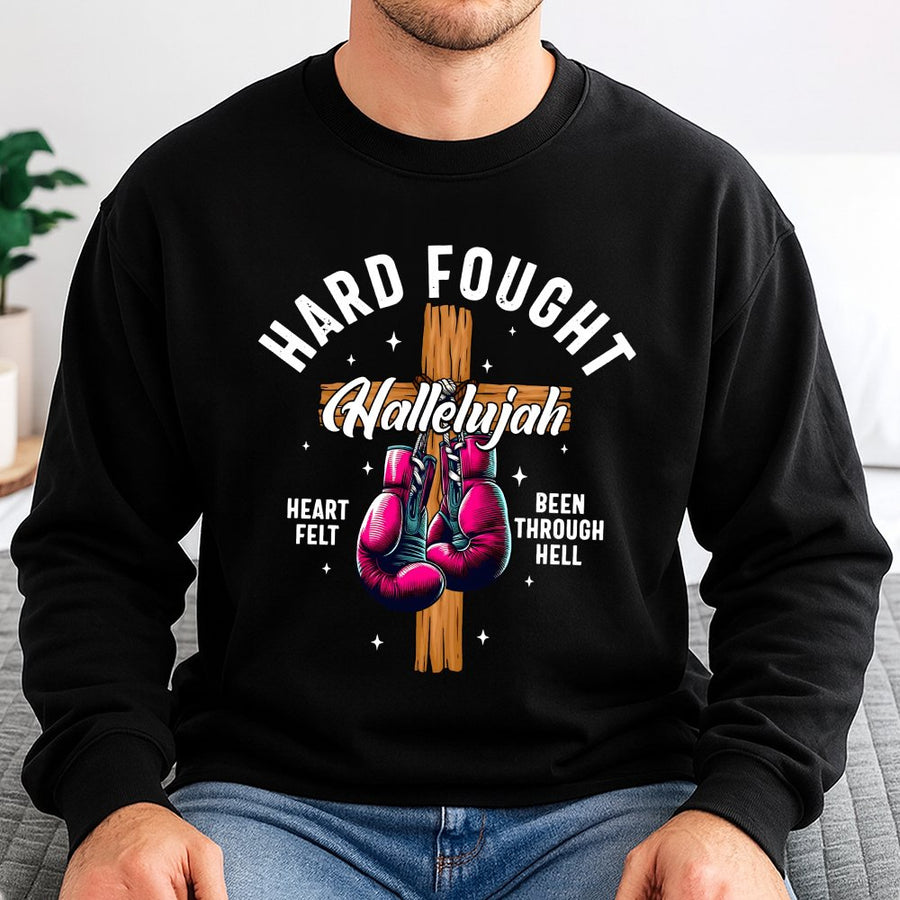 Hard Fought Hallelujah Sweatshirt | Christian Faith Boxing Gloves Graphic | Premium Cotton Blend | Inspirational Religious Gift for Believers