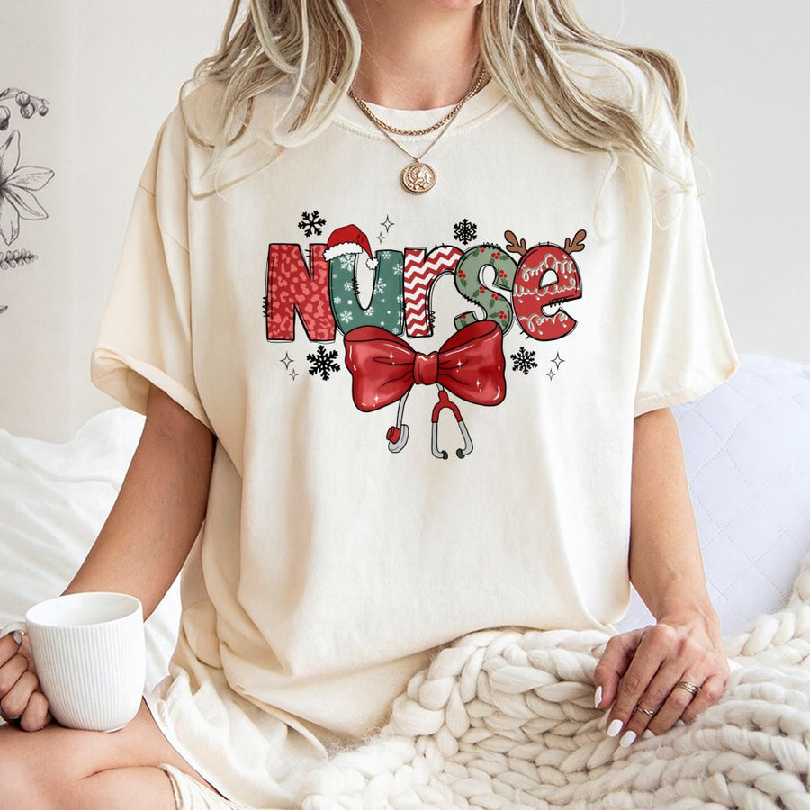 Christmas Nurse T-Shirt | Festive Stethoscope & Bow Design | 100% Cotton Premium Tee | Holiday Gift for RN LPN Nursing Students