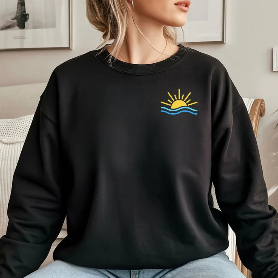 Summer Beach Sweatshirt | Minimalist Sun and Wave Graphic | Premium Soft Cotton Blend | Cozy Vacation Crewneck Gift for Her
