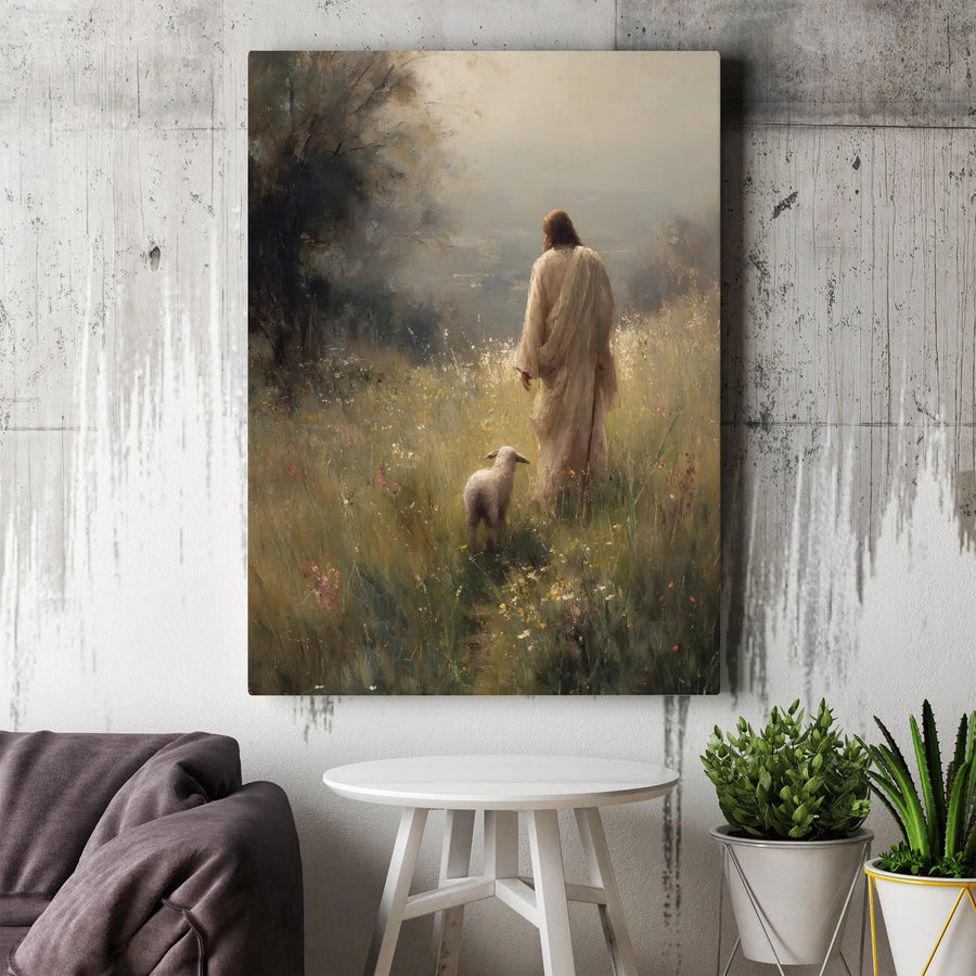 Jesus The Good Shepherd Canvas | Oil Painting Style Lamb Wall Art | Premium 1.25 Inch Gallery Wrap | Faithful Christian Religious Gift