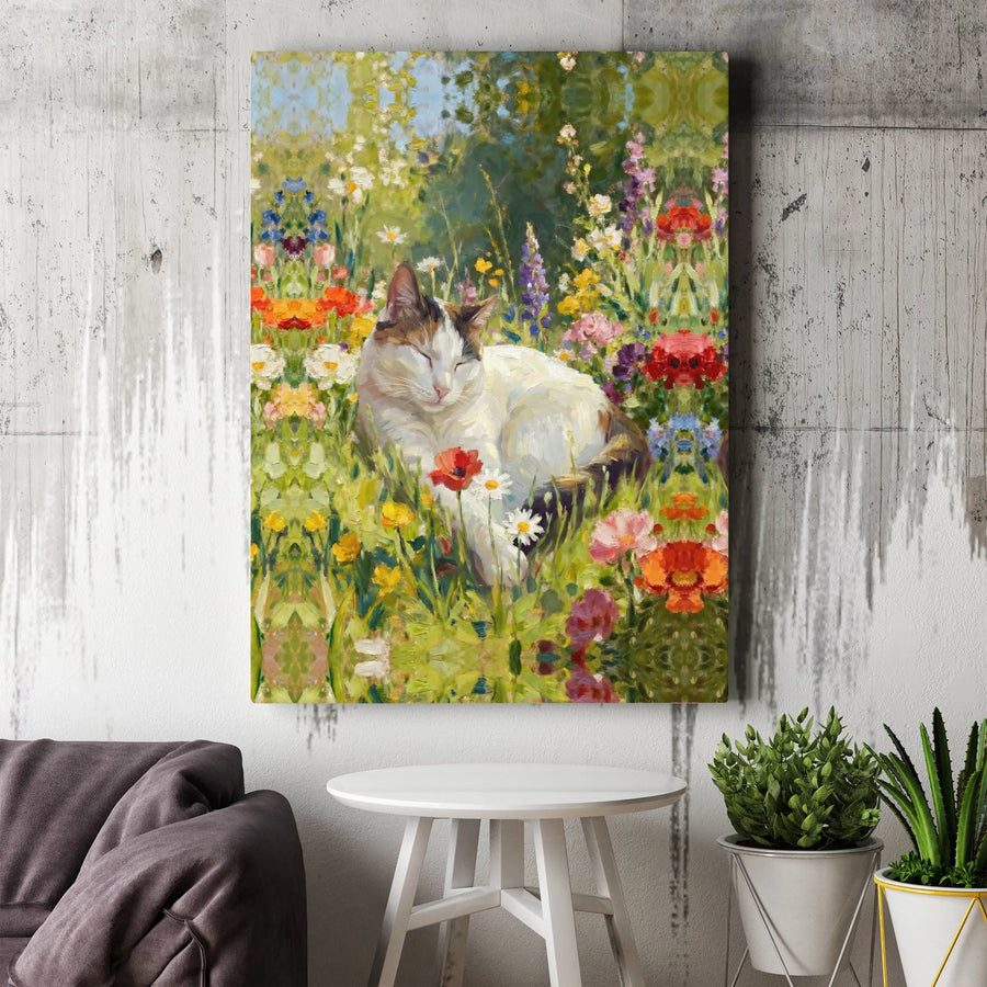 Sleeping Cat Canvas Art | Impressionist Painting in Wildflower Meadow | Premium Gallery Wrapped Print | Gift for Cat Lover Home Decor