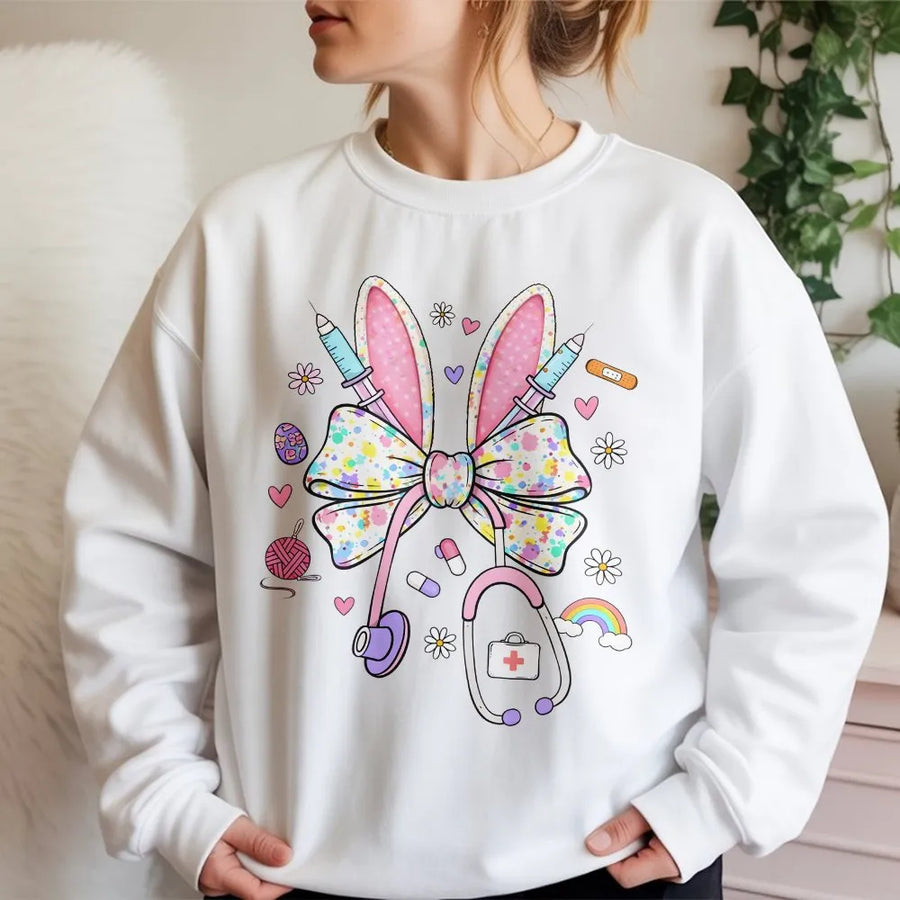 Nurse Bunny Bow Sweatshirt | Pastel Easter Medical Graphic | Premium Cotton Blend Crewneck | Cute RN Nurse Appreciation Gift for Her