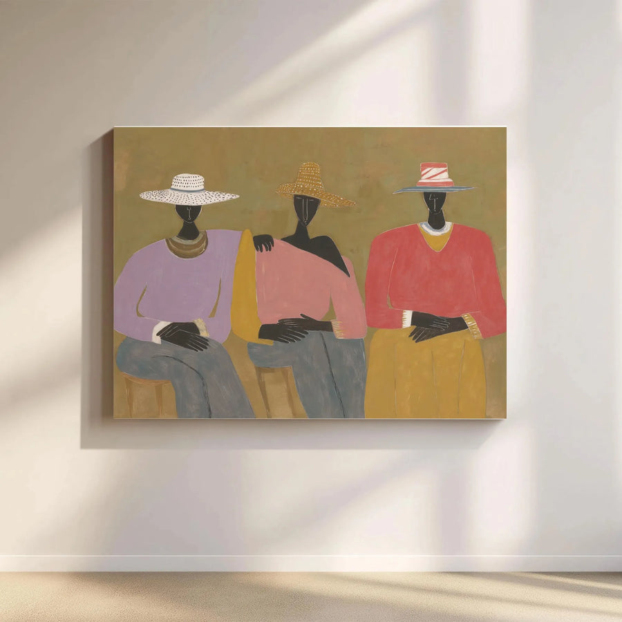 Three Women Seated Art Canvas | Abstract Fashion Illustration Wall Decor | Premium Gallery Wrap Print | Modern Aesthetic Home Gift