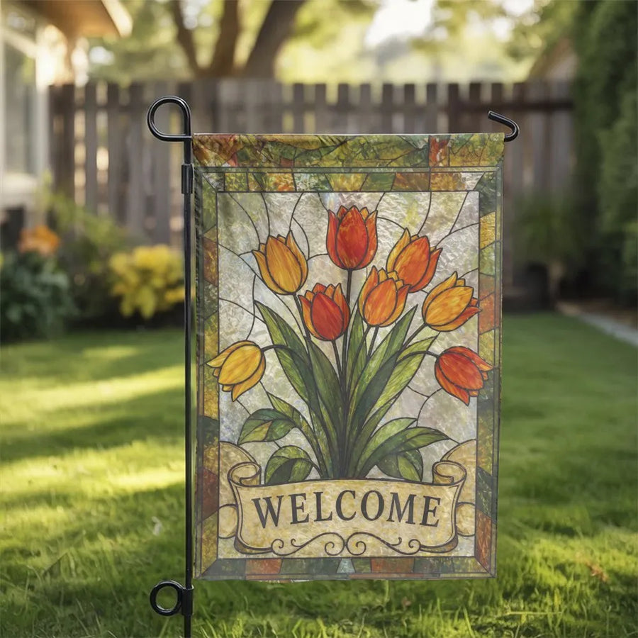 Tulip Welcome Garden Flag | Stained Glass Style Floral Art | Double Sided Weather Resistant Fabric | Porch & Yard Decor Gift