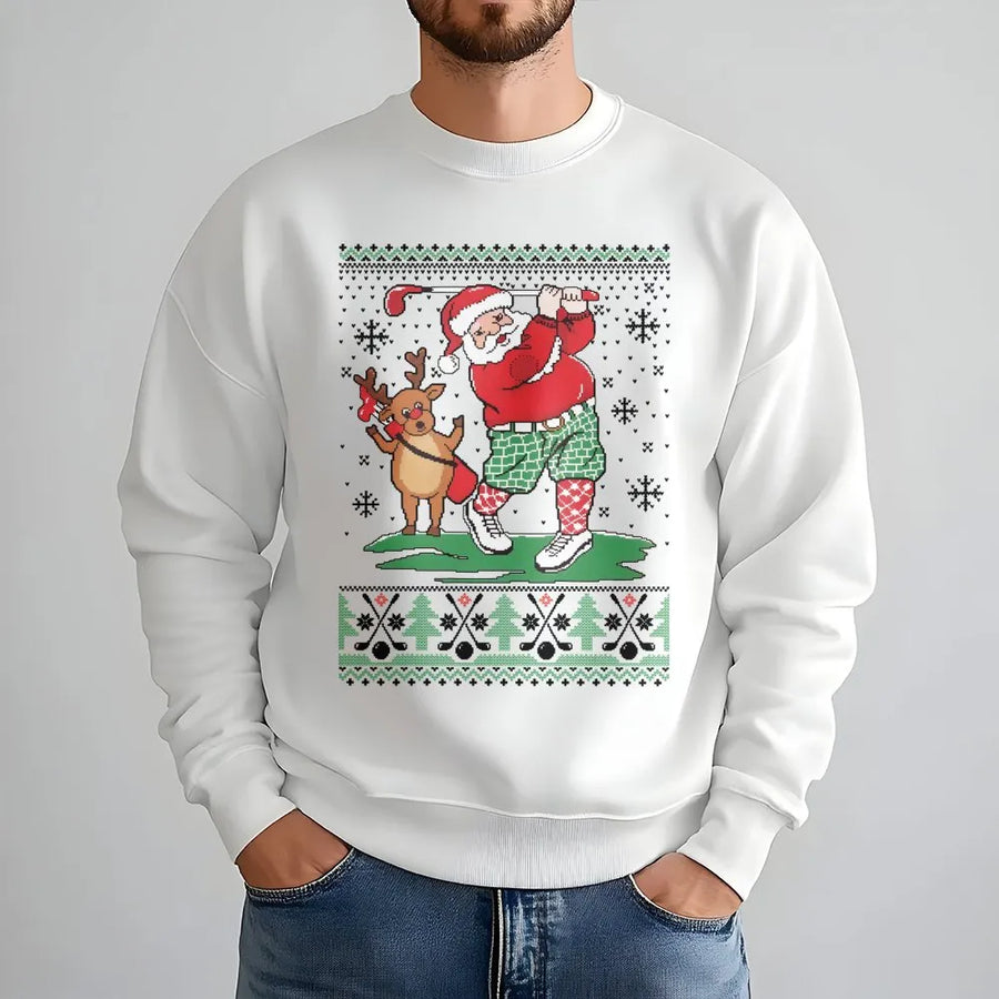 Golf Santa Christmas Sweatshirt | Funny Reindeer Golfer Ugly Sweater Design | Premium Cotton Blend | Holiday Golf Gift for Him and Her