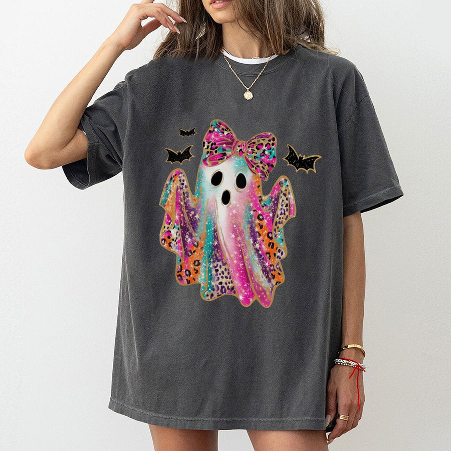 Colorful Leopard Ghost T-Shirt | Cute Halloween Bow Graphic Tee | Premium 100% Cotton Apparel | Spooky Season Gift For Her