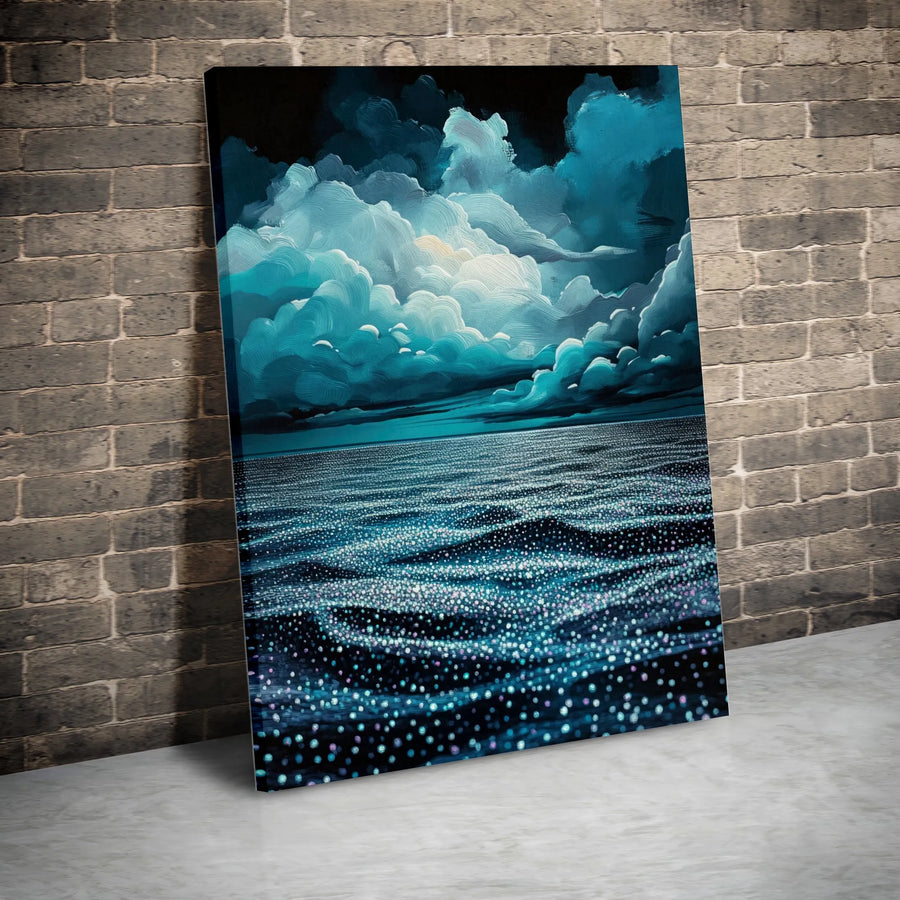 Bioluminescent Ocean Canvas Wall Art | Glowing Night Sea Waves | Premium Gallery Wrap Print | Modern Coastal Home Decor Gift