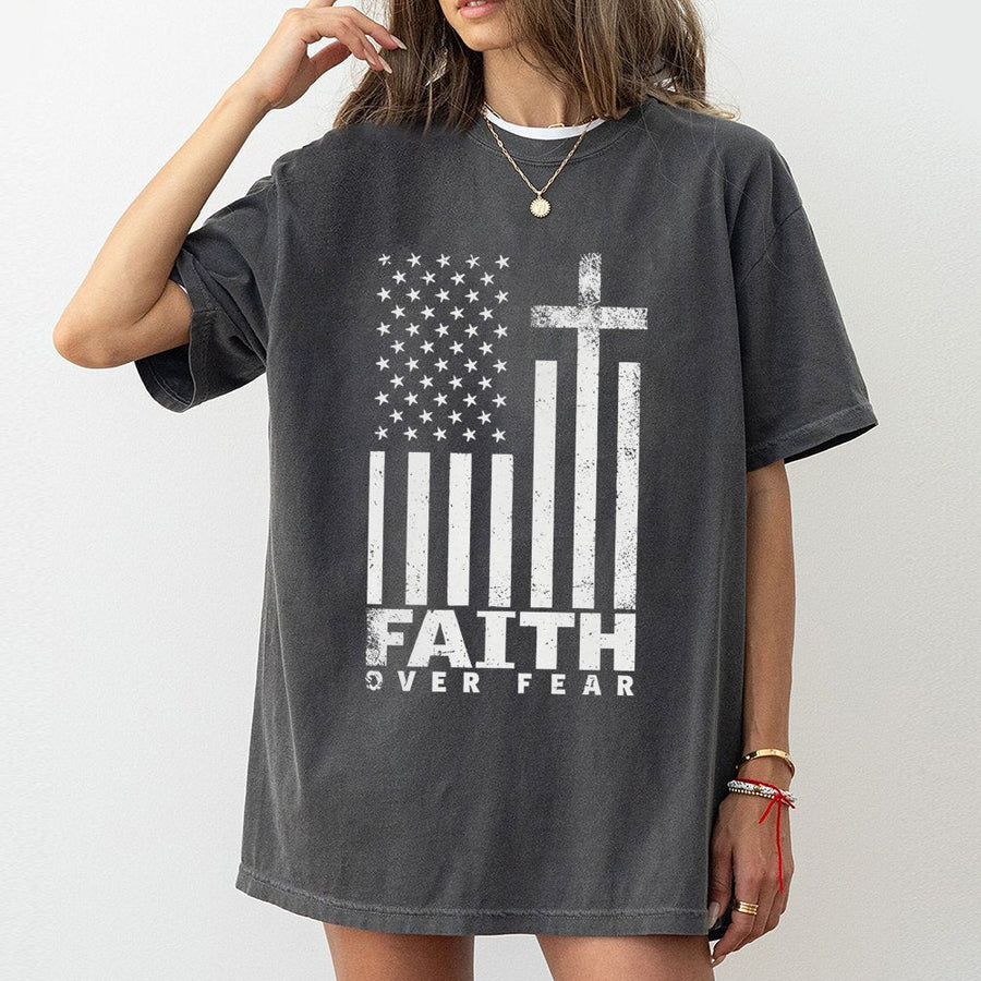 Faith Over Fear T-Shirt | American Flag Cross Graphic Design | Premium Cotton Religious Apparel | Christian Patriotic Gift for Men and Women