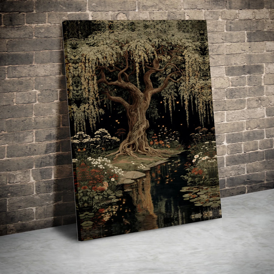 Enchanted Tree Canvas Wall Art | Vintage Firefly Night Scene | Premium Canvas Print | Dark Academia Decor Gift