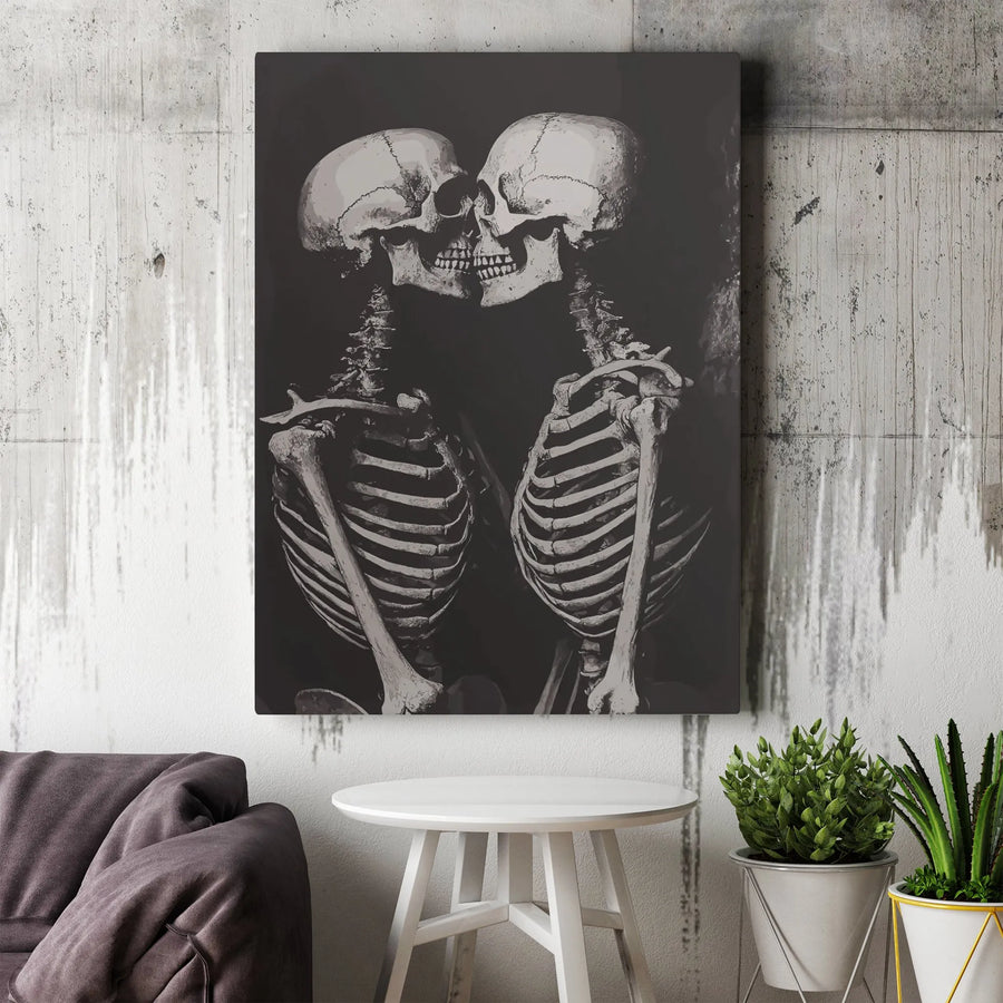 Kissing Skeletons Canvas Wall Art | Romantic Gothic Decor | Premium Fade-Resistant Gallery Print | Dark Academia Gift for Couples