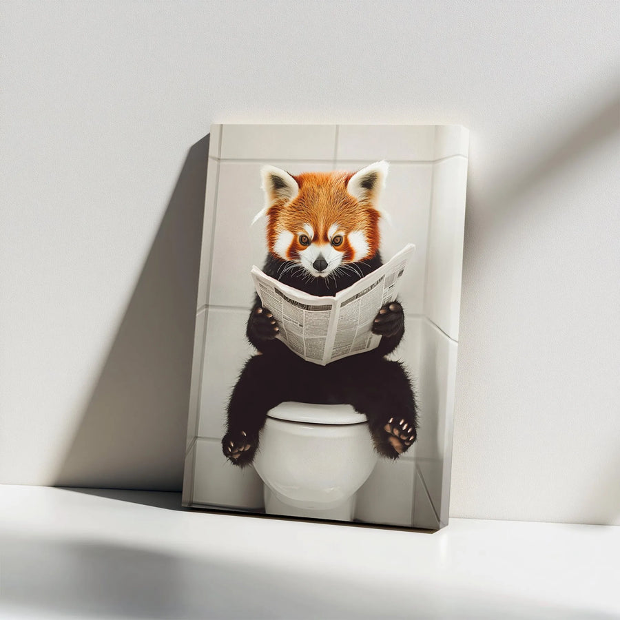 Funny Red Panda on Toilet Canvas Wall Art | Whimsical Animal Reading Newspaper | Premium 1.25" Gallery Wrap | Quirky Bathroom Decor & Housewarming Gift for Men