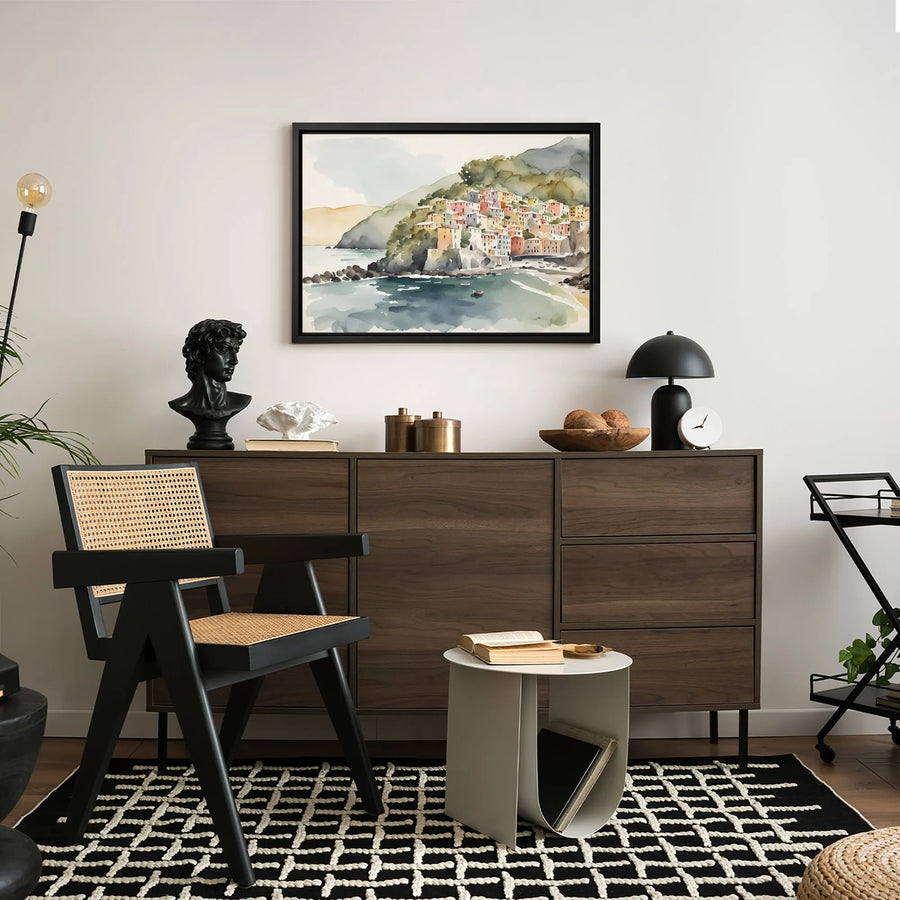 Italian Coastal Village Canvas Print | Watercolor Mediterranean Seaside Landscape | Premium Gallery Wrapped Wall Art | Coastal Home Decor Gift