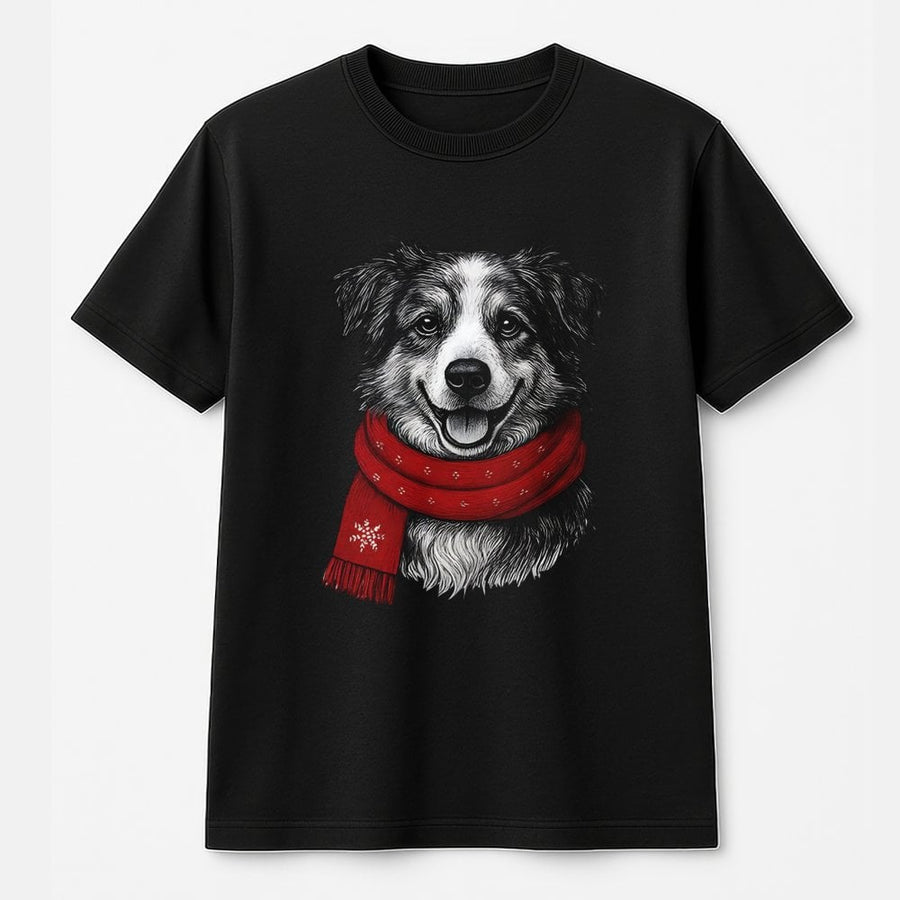 Christmas Dog T-Shirt | Cute Border Collie with Red Winter Scarf | 100% Cotton Premium Tee | Festive Gift for Dog Lovers