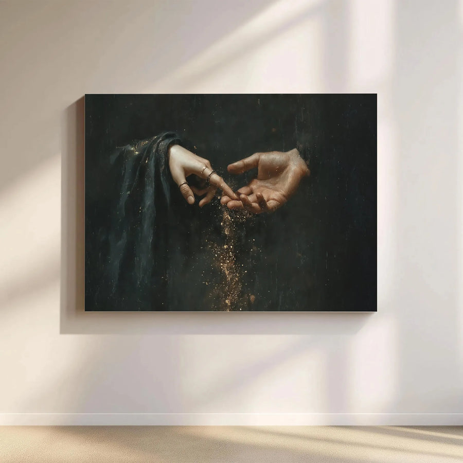 Hands Touching Gold Dust Canvas Art | Dark Academia Aesthetic Wall Decor | 1.25-Inch Gallery Wrap Print | Elegant Spiritual Home Gift