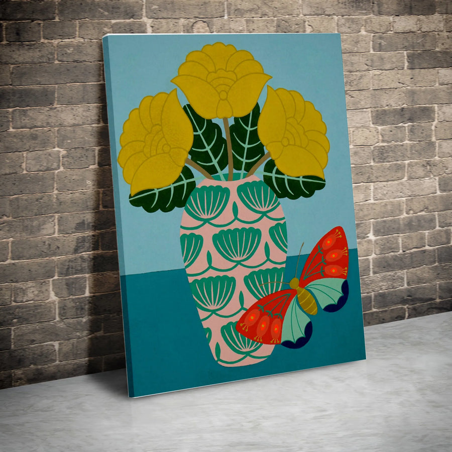 Modern Floral Still Life Canvas | Colorful Butterfly and Yellow Flowers Print | Premium Gallery Wrapped Canvas | Boho Living Room Decor Gift