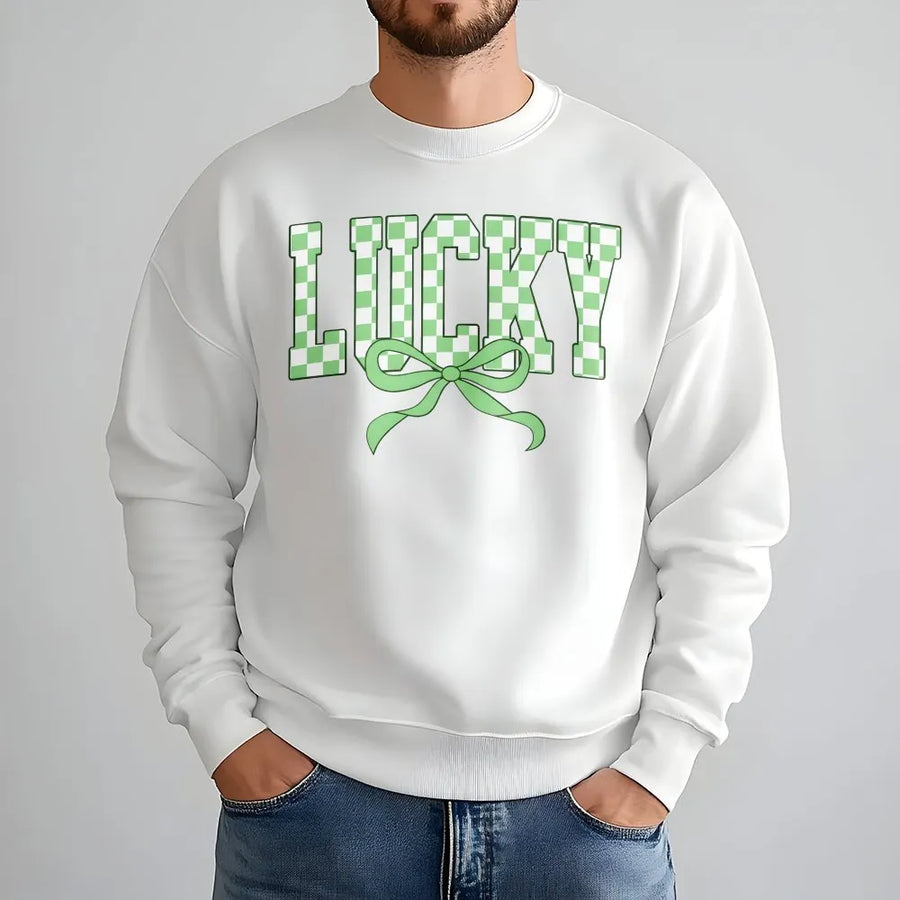 Lucky St. Patrick's Day Sweatshirt | Retro Checkerboard Green Bow Design | Soft Cotton Blend Unisex Pullover | Premium Irish Holiday Gift