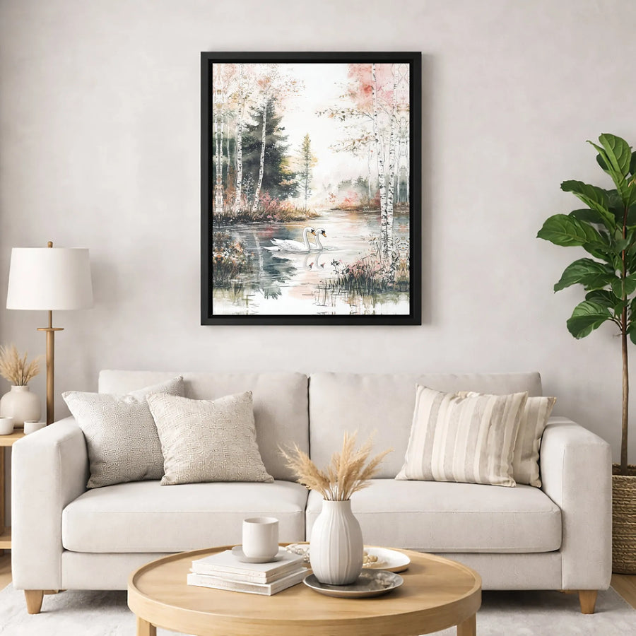 Swan Wall Art Canvas | Watercolor Forest Lake Painting | Premium Gallery Wrap Print | Nature Inspired Home Decor Gift