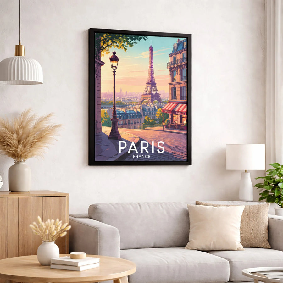 Paris Travel Poster Canvas | Eiffel Tower Street View Art | Premium 1.25-Inch Gallery Wrap | Vintage European City Decor Gift