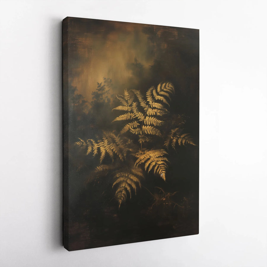 Golden Fern Botanical Canvas Print | Moody Dark Academia Wall Art | Premium Gallery-Wrapped Gallery Quality | Minimalist Nature Home Decor Gift