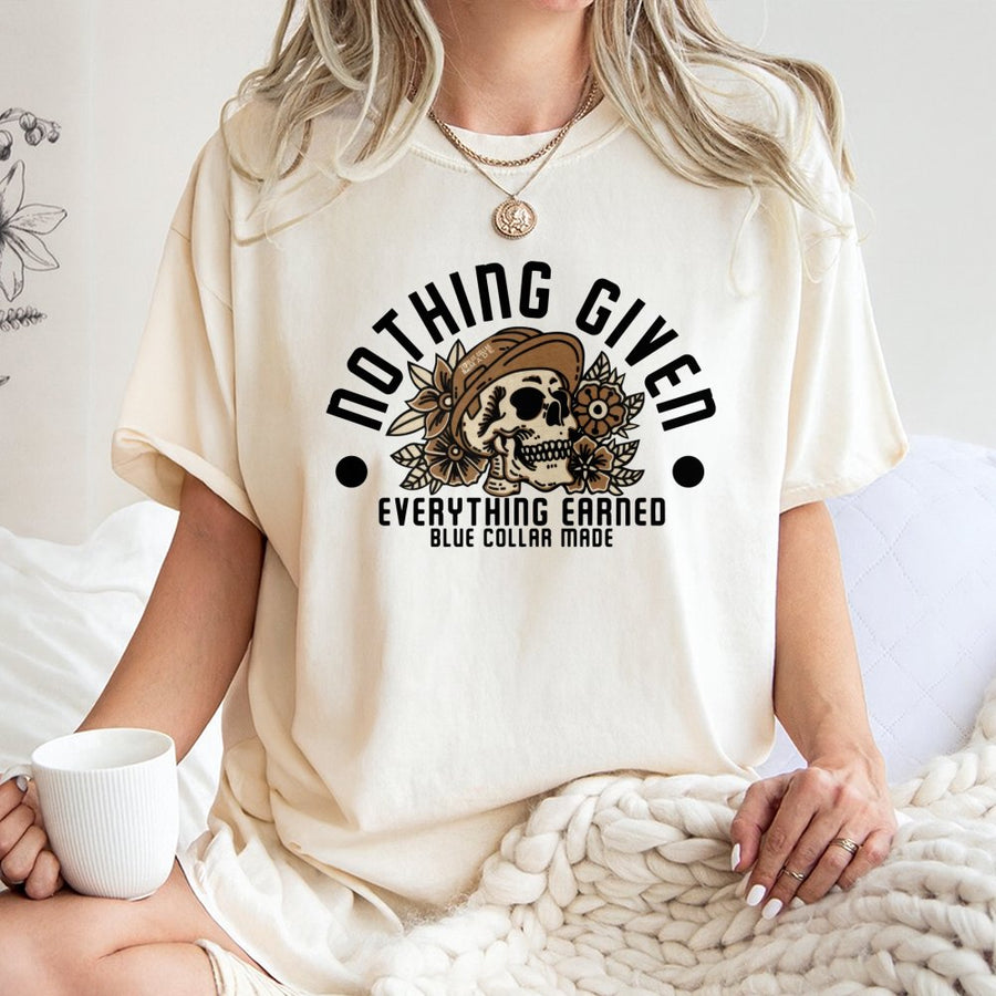 Nothing Given Everything Earned T-Shirt | Blue Collar Skull Graphic Tee | Premium 100% Cotton | Motivational Gift for Hardworking Men and Women