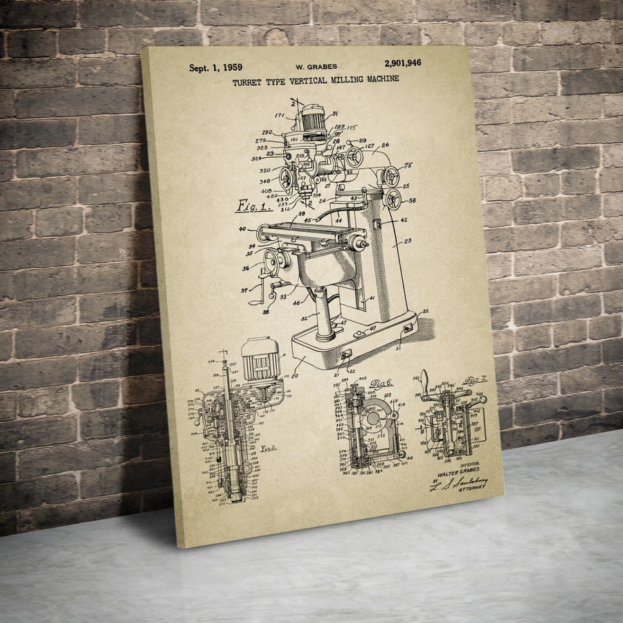 Vintage Milling Machine Patent Vertical Canvas | 1959 Industrial Blueprint Art | Premium Gallery Wrap | Collector's Gift for Machinist Engineer