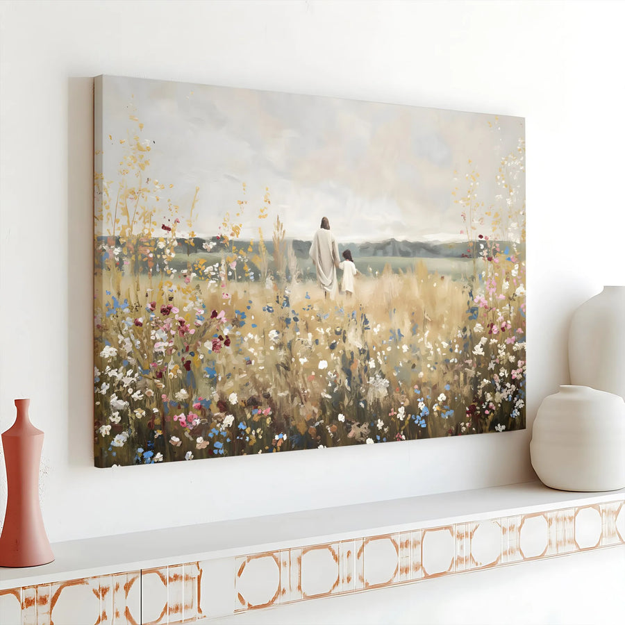 Jesus Walking With Child Canvas Print | Watercolor Wildflower Meadow Art | Gallery-Wrapped Premium Decor | Religious Christian Gift for Home