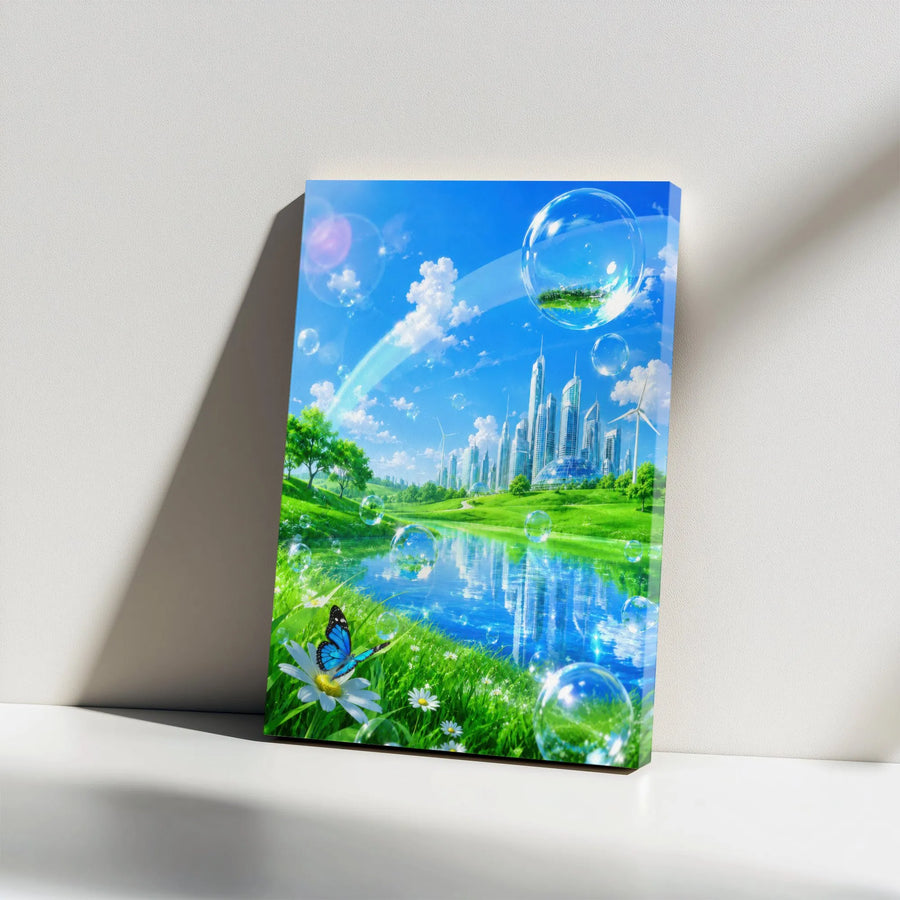 Futuristic City Vertical Canvas | Solarpunk Utopian Landscape with Blue Butterfly & Bubbles | 1.25 Inch Premium Gallery Wrap | Modern Eco-Futurism Wall Art Gift for Living Room