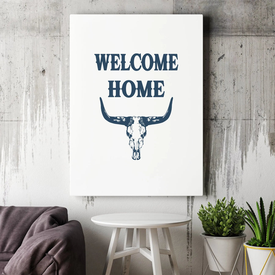 Welcome Home Wall Art | Western Longhorn Steer Skull Canvas | 1.25 Inch Gallery Wrap | Farmhouse Decor for Entryway or Living Room