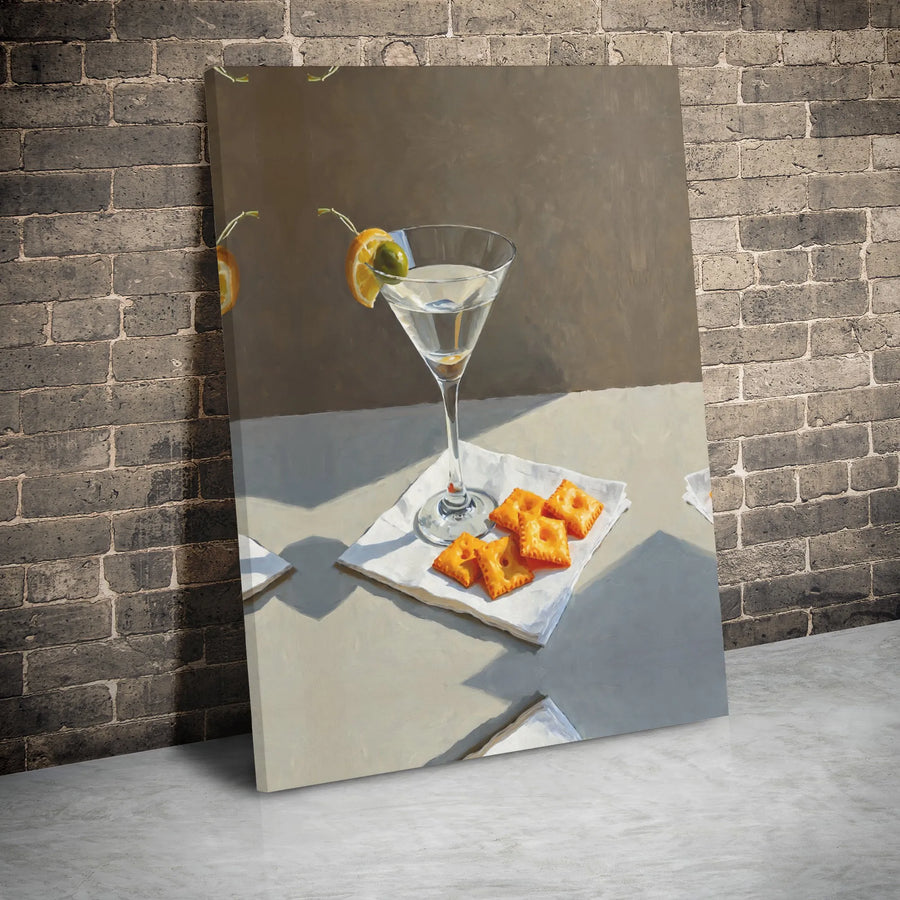 Martini and Crackers Canvas Print | Kitchen Still Life Wall Art | Premium Gallery Wrap Decor | Bar Cart Aesthetic Gift for Foodies