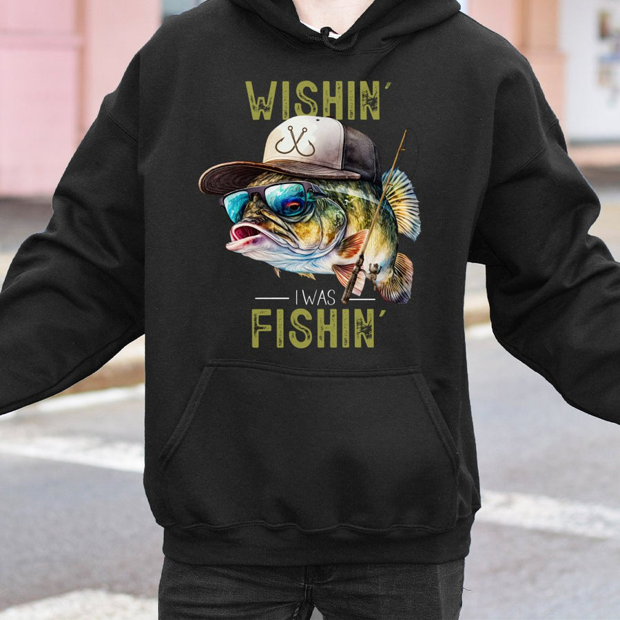 Wishin' I Was Fishin' Hoodie | Cool Bass With Sunglasses Graphic | Soft Cotton-Blend Premium Apparel | Gift For Fishermen & Outdoor Enthusiasts