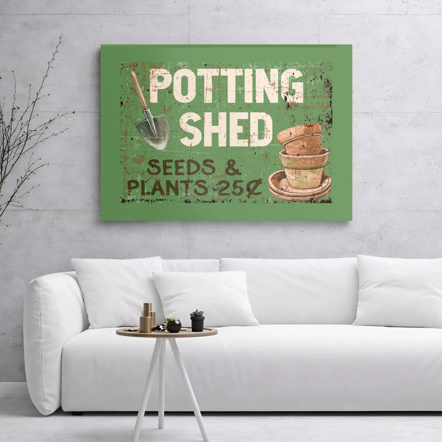 Potting Shed Wall Art | Vintage Garden Sign with Trowel and Pots | Premium Gallery Wrapped Canvas | Rustic Farmhouse Decor for Gardener Gift