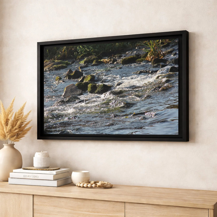Sunlit River Wall Art | Flowing Stream Over Mossy Rocks | 1.25-Inch Gallery-Wrapped Canvas | Modern Nature Landscape Decor for Home or Office