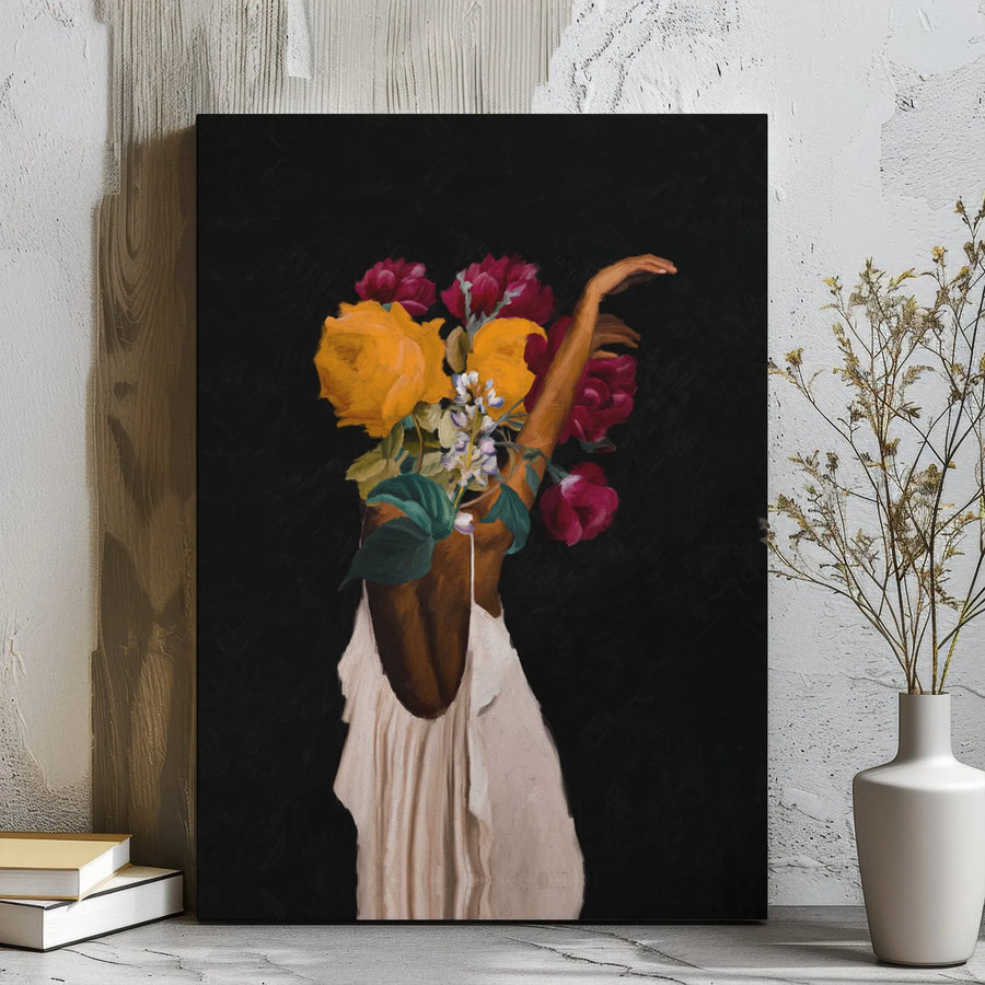 Black Woman Floral Portrait Canvas | Surreal Botanical Head Art | Premium Gallery Wrap Print | Modern Feminine Home Decor Wall Art