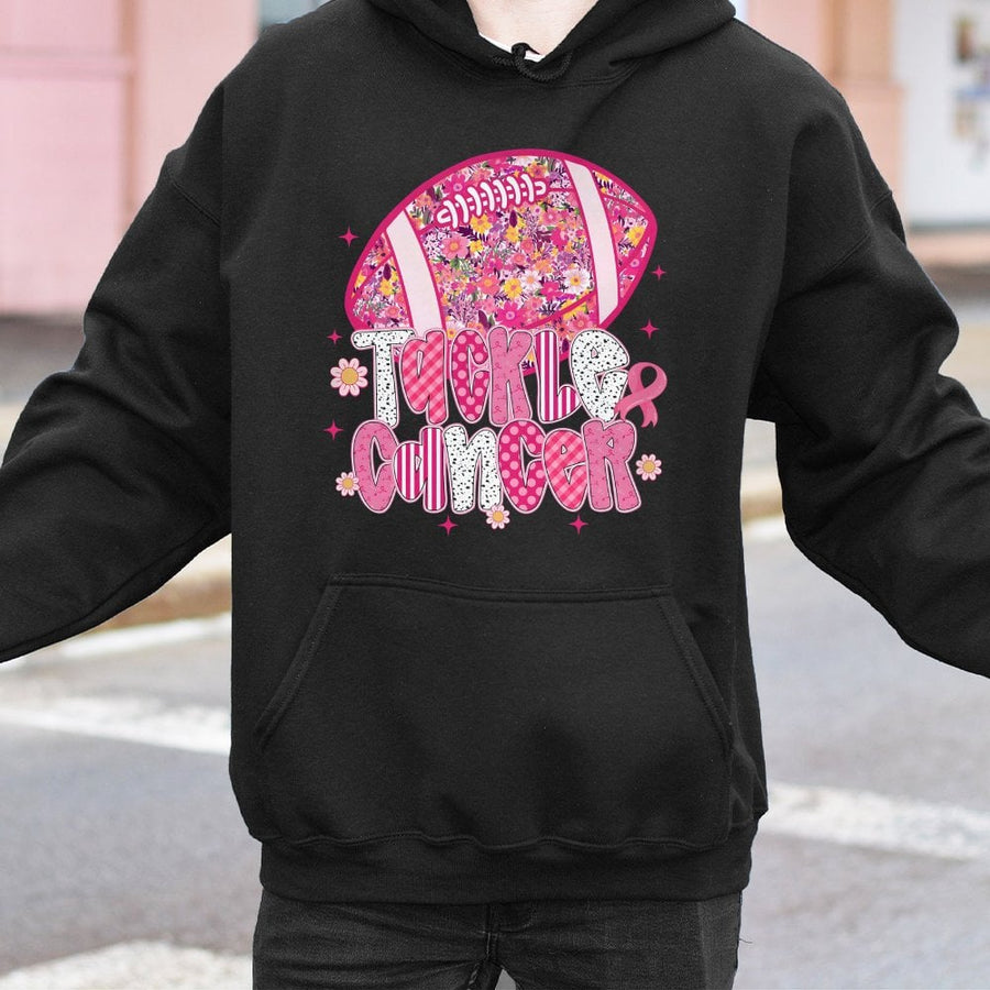 Tackle Cancer Football Hoodie | Floral Pink Ribbon Design | Premium Cotton Blend | Gift for Cancer Survivor & Awareness Month