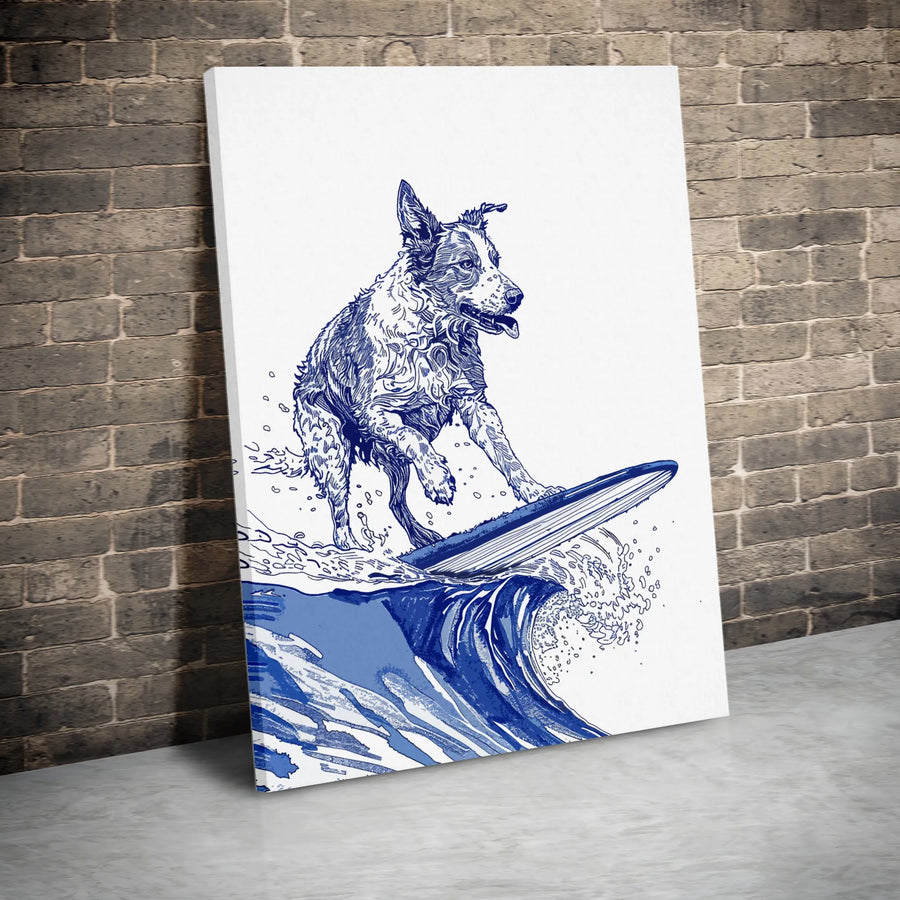 Surfing Dog Canvas Wall Art | Blue Line Art Nautical Illustration | 1.25 Inch Premium Gallery Wrap | Coastal Decor Gift for Dog Lovers