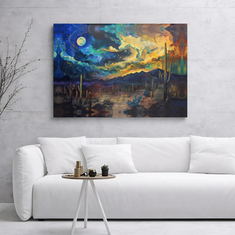 Surreal Desert Landscape Canvas Art | Vibrant Saguaro Cactus Night Sky Print | 1.25" Premium Gallery Wrap | Southwest Home Decor Wall Accent