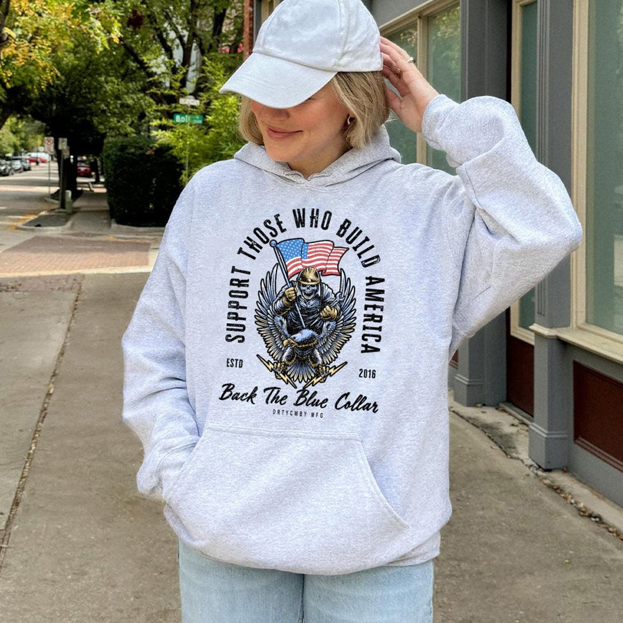 Blue Collar Worker Hoodie | Patriotic American Eagle Construction Skeleton Design | Premium Cotton Blend | Gift for Builder Welder Contractor