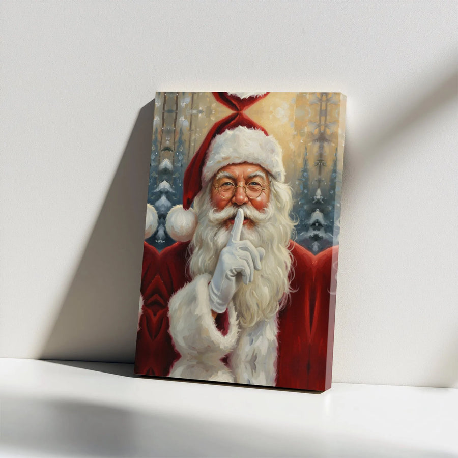 Santa Claus Shushing Gesture Canvas Art | Whimsical Secret Santa Wall Decor | Premium 1.25 Inch Gallery Wrap | Festive Christmas Holiday Home Gift