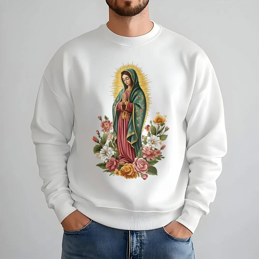 Our Lady Of Guadalupe Sweatshirt | Floral Virgin Mary Religious Art | Premium Cotton Blend Crewneck | Christian Faith Gift For Her And Him