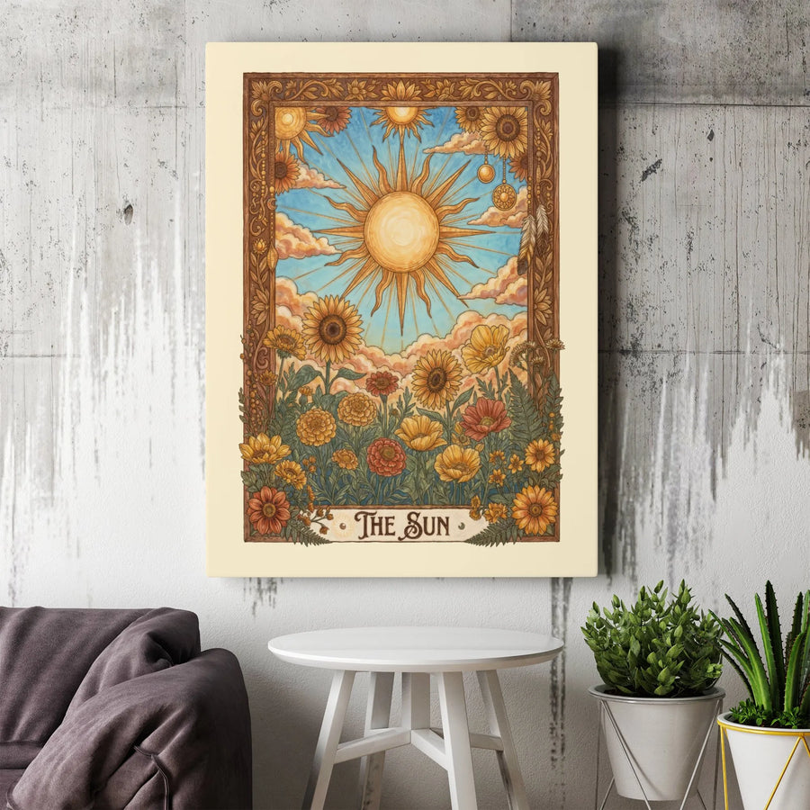 The Sun Tarot Card Canvas Wall Art | Botanical Sunflower Illustration | Gallery Wrap Premium Print | Boho Spiritual Home Decor Gift