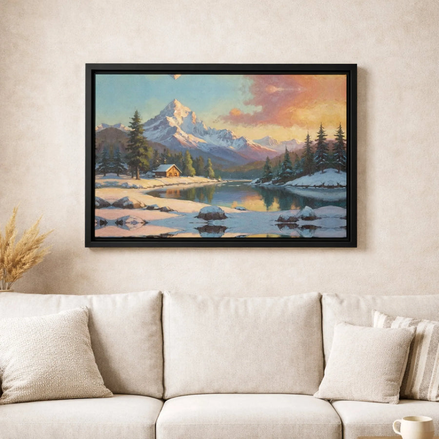 Winter Mountain Cabin Canvas Art | Snowy Lakeside Landscape Painting | Premium Gallery Wrapped Decor | Nature Lover Cabin Gift
