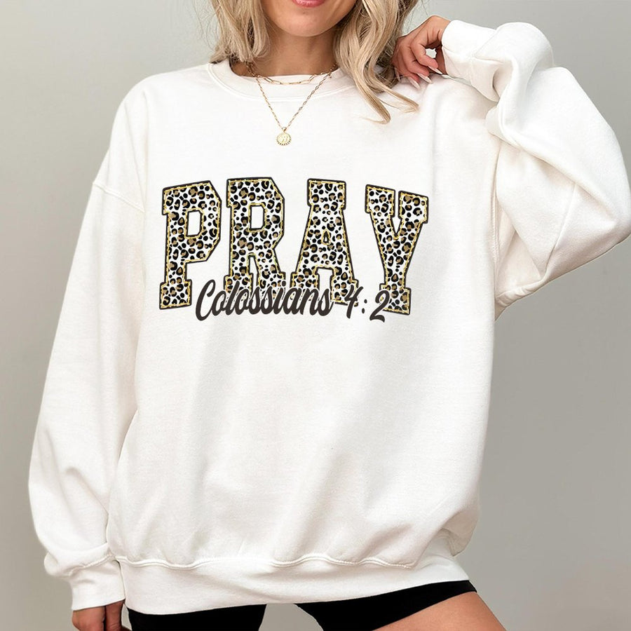 Pray Bible Verse Sweatshirt | Leopard Print Varsity Letter Design | Premium Cotton Blend | Christian Faith Gift for Her