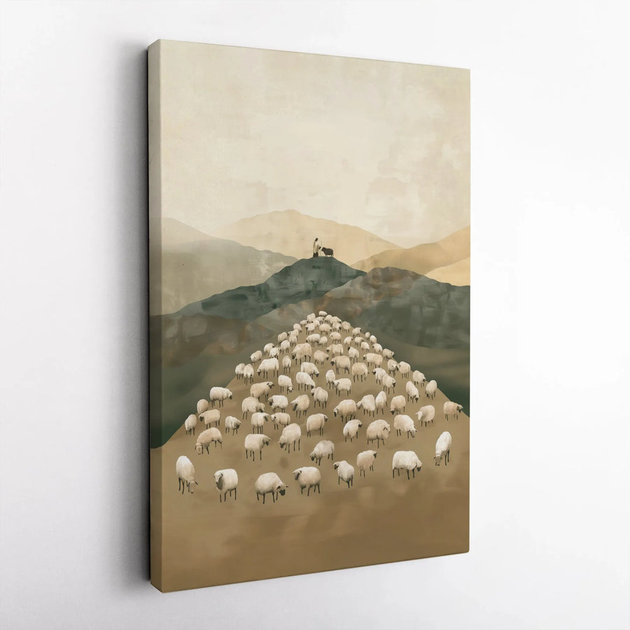 Good Shepherd Canvas | Minimalist Christian Artwork with Sheep Flock | Premium Canvas Print | Religious Home Decor Gift