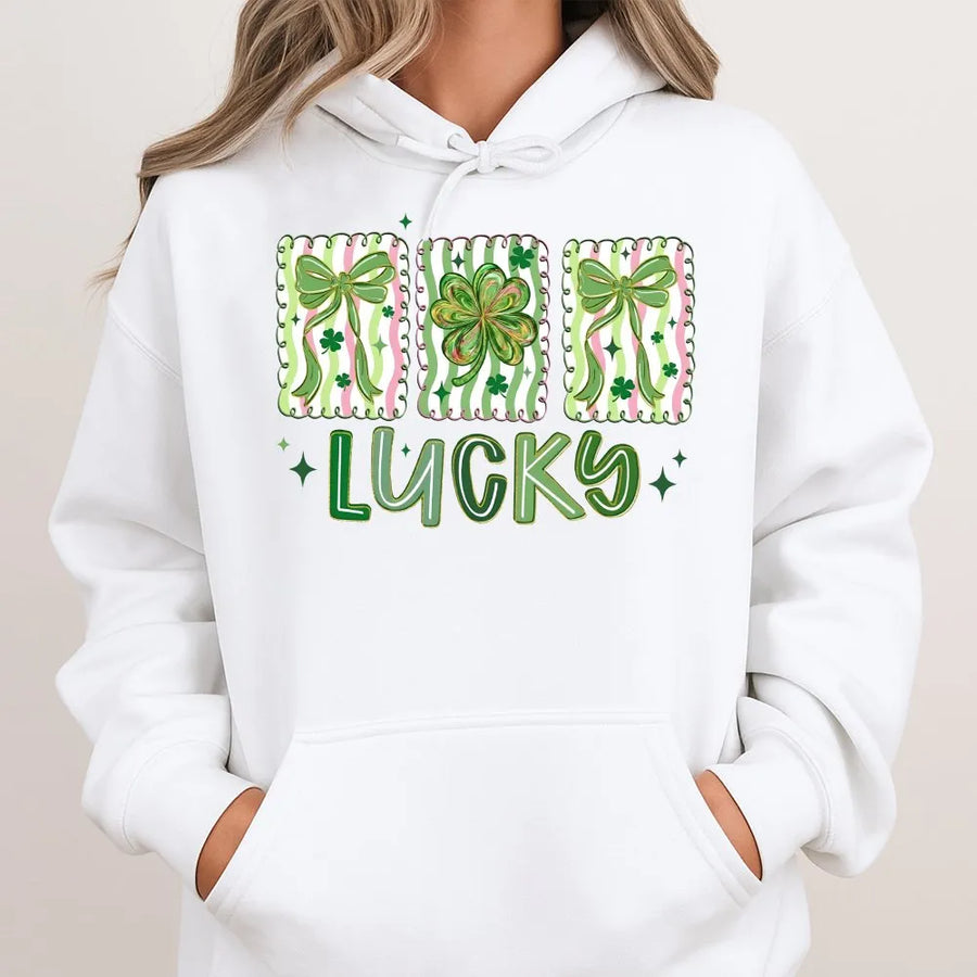 Lucky Shamrock Hoodie | Coquette Bow St. Patricks Day Graphic | Premium Cotton Blend | Cute Irish Clover Gift For Her